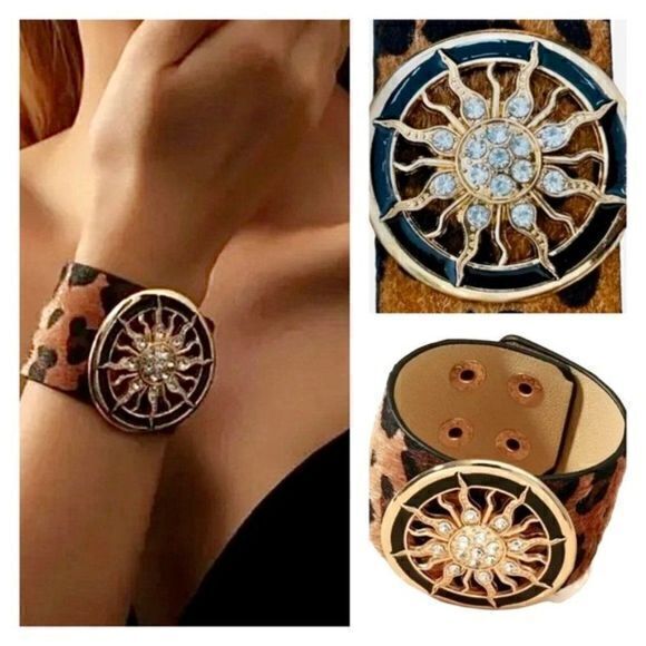 Jewelry - Chic Leopard Print Fur Cuff Bracelet Rhinestone Sun Medallion Boho Gold Jewelry